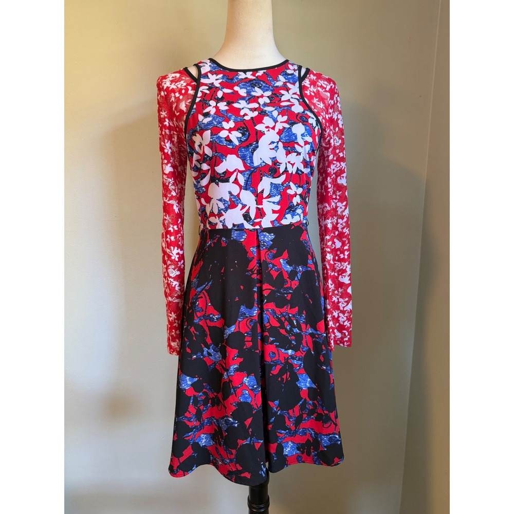 Peter Pilotto Target y2k Floral Lace Sleeve Fit Flare Dress Red Blue 2 whimsi